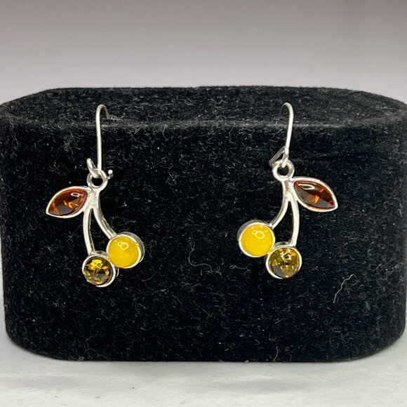 Sterling Silver 925 Amber Drop Dangle Earrings With Leaf & Round Design - Picture 9 of 14
